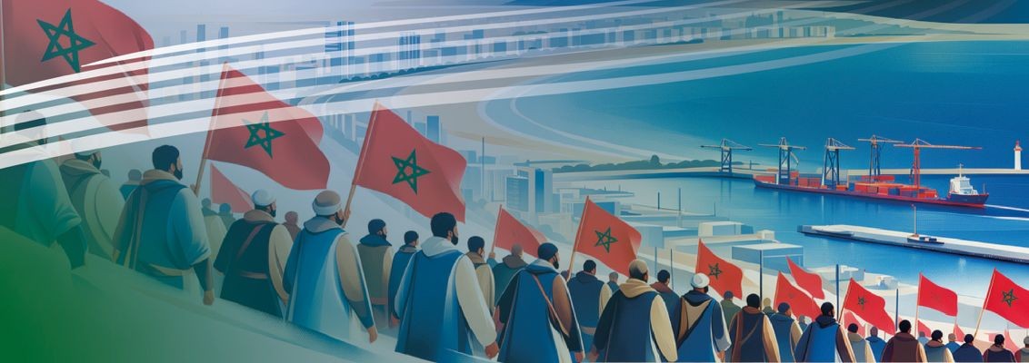Illustration : une foule en marche, drapeaux marocains, face au port d’Agadir